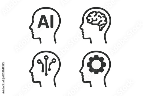 Artificial Intelligence Mind Icons Set. Silhouette Heads with AI, Circuit, Gear, Brain. Machine Learning, Neural Network, Innovation, and Technology Concept. Modern Vector Illustration Isolated
