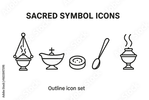Sacred incense and offering religious icons set. Outline vector illustration of thurible censer, incense boat, charcoal disk, incense spoon. Holy ritual church worship items clipart isolated.