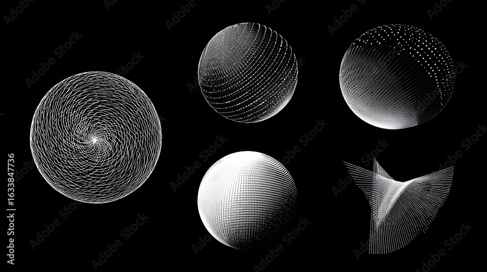 Fototapeta premium Abstract geometric forms crafted from lines and dots on black