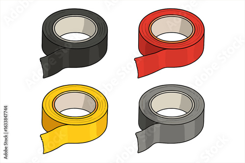 Duct tape rolls vector set. Black, red, yellow, and gray adhesive tape realistic illustration. Isolated masking tape collection. Industrial repair tool design. Packaging supply concept background.
