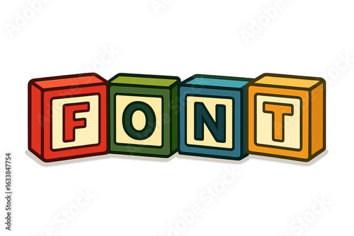 Colorful alphabet building blocks spelling FONT, children’s toy cubes, educational vector illustration, playful nursery decor, learning tool, preschool classroom design, isolated on white background