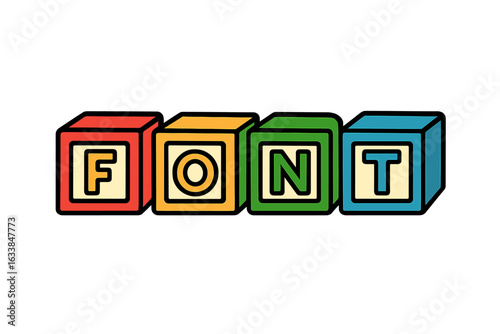 Colorful alphabet toy blocks vector illustration with bold outlined letters spelling FONT, isolated on white background for kids education, early learning games, nursery or preschool classroom design
