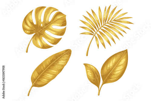 Luxury golden tropical leaves set. Monstera, palm, banana, botanical foliage. Gold shiny exotic jungle leaf vector illustration collection. Decorative design element. Elegant metallic nature art
