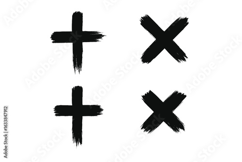 Hand drawn brush painted plus and x sign icons. Grunge math symbols, black paint cross shapes. Artistic add and cancel marks. Creative brushstroke vector elements, isolated on white background