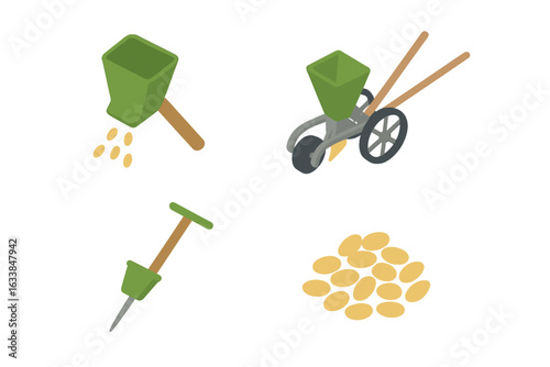 Isometric Icon Set of Small-Scale Seeding Equipment for Farming and Gardening. Hand Seeders, Soil Planter Tools, Seed Planting Machines, Seed Dispensers, Agriculture Tools, Vector Illustration