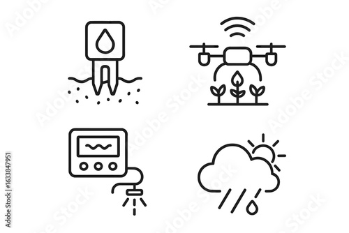 Smart agriculture technology outline icons set. Soil moisture sensor, autonomous drone, irrigation controller, weather monitoring symbol. Vector line illustration. Precision farm device collection.