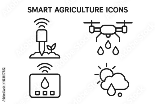 Smart Agriculture Vector Icons Set. Outline Style Soil Moisture Sensor, Agricultural Drone Irrigation, Automatic Controller, Weather Forecast Technology. Precision Farming IoT Concept Illustration