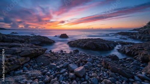 The Great Barrier Reef off the coast with a view of the rocky shore. Rocks and pebbles, purple and golden orange, sunset sky, ocean horizon. 4k video