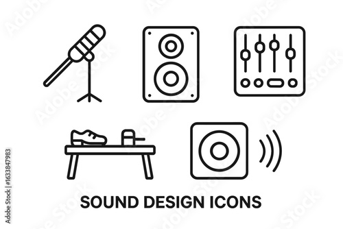 Sound Design Icons Set – Audio Equipment Outline Collection with Boom Microphone, Speaker, Mixing Console, Foley Table with Shoe, Echo Effect, Studio Tools for Music Production, Vector Illustration
