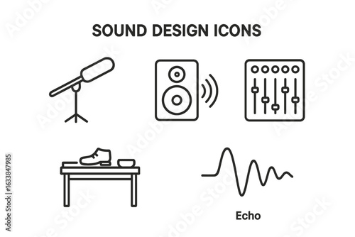 Sound Design Icon Set. Outline Vector Illustration of Boom Microphone, Speaker, Mixing Console, Foley Table, Echo Sound Wave. Audio Production, Music Editing, Recording Studio, Broadcast Media Symbols