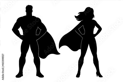 Dynamic superhero couple silhouettes vector illustration. Male and female hero figures in powerful pose with capes. Comic book style, bold outline, dramatic stance, black silhouette isolated on white.