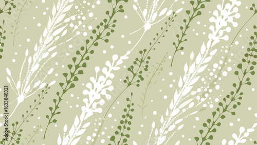 Delicate floral pattern with white and green sprigs on a light green background creating a soft texture