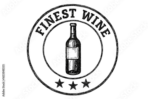 Vintage wine bottle stamp illustration. Hand-drawn finest wine retro emblem. Winery award label badge. Wine certification logo vector. Monochrome sketched bottle with stars. Transparent background.