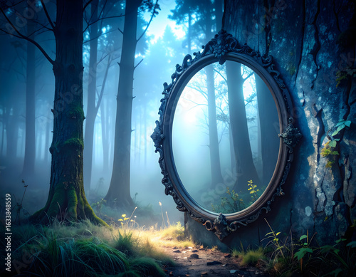 A mystical, oval mirror in a dark, enchanted forest, reflecting a beautiful fantasy scene or a different world.