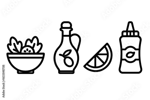Salad Dressing Icon Set. Outline Vector Illustrations of Salad Bowl, Olive Oil, Balsamic Vinegar Bottle, Lemon Wedge, Mustard Sauce. Healthy Food Condiments and Ingredients Isolated Clipart