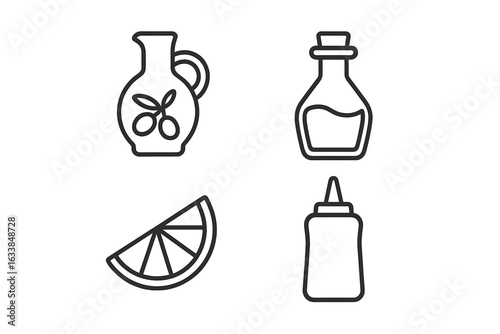 Outline Salad Dressing Icons Vector Set. Olive Oil, Balsamic Vinegar, Lemon Wedge, Mustard Bottle. Minimal Linear Organic Condiment, Sauce, Ingredient Elements for Recipes, Menus, Food Packaging