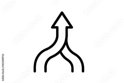 Merging paths upward arrow vector, concept of integration, connection, teamwork, collaboration, direction, progress, business strategy, growth, unity, abstract black outline illustration