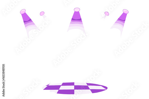 Purple nightclub spotlights crown silhouette, stage with disco lights, transparent background vector. Nightlife, entertainment concept, performance, party ambience, event lighting, modern club design.