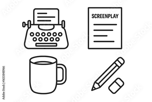 Scriptwriting Process Icon Set. Outline Vector Illustration of Creative Writing Tools: Typewriter, Screenplay Page, Coffee Mug, Pencil, Eraser. Storytelling, Movie, Screenwriter, Film Industry
