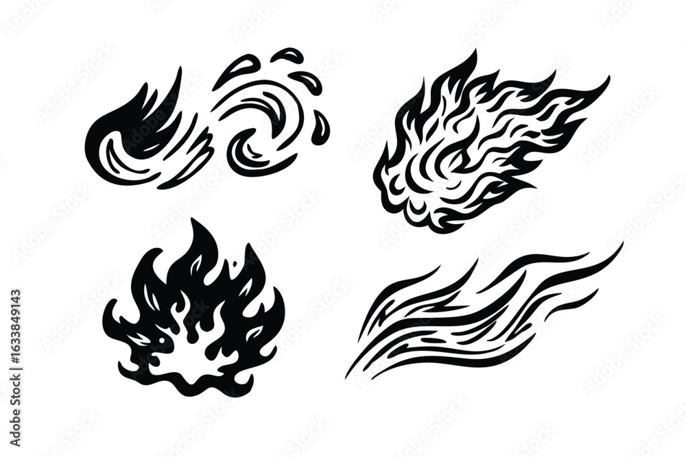 Naklejka premium Elemental Symbols Woodcut Vector Set - Engraved Flame, Wave, and Wind Illustrations