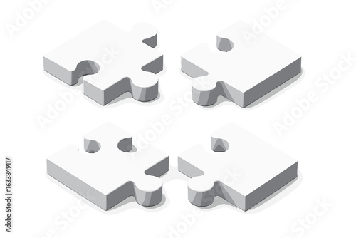 3D white jigsaw puzzle pieces set isolated on transparent background. Interlocking solution concept. Teamwork, cooperation, problem solving, connection, partnership, matching parts, strategy, success
