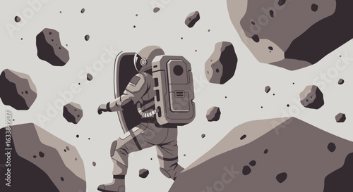 Brave Astronaut Navigating An Asteroid Field In Deep Space With Determination