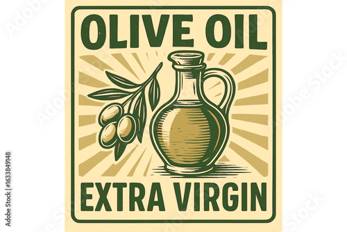 Extra Virgin Olive Oil Vintage Poster Illustration, Retro Food Label Design with Olive Branch, Oil Bottle, Organic Healthy Cooking Ingredient, Rustic Kitchen Decor, Natural Mediterranean Cuisine Art