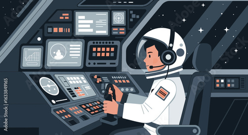 Brave Astronaut Navigating Spaceship Among Stars Using Advanced Space Technology