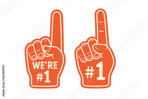 Foam finger sports fan vector illustration. Orange “We’re #1” and “#1” foam hands. Team spirit, sports celebration, fan merchandise, victory concept. Enthusiastic cheering, competition.