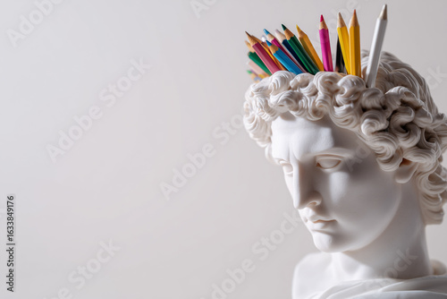 Statue of a Greek god with pencils in his hair. A man with pencils in his head. Concept: learning, creativity, beginning of the school year.