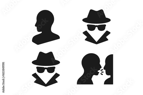 Secret police icons set. Spy agency silhouette symbols. Undercover agent in hat and glasses. Anonymous informant, whispering face, secret profile, surveillance, espionage vector illustration isolated.