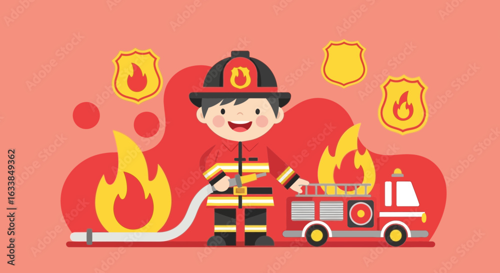 Naklejka premium Brave Firefighter Extinguishing Fire With Engine and Fire Hose Flat Illustration