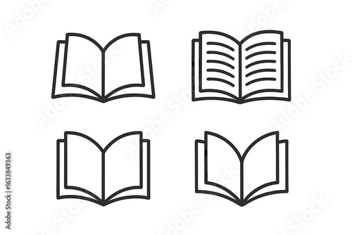 Open book icon set, collection of four minimal line art book logos, vector illustration of open textbooks, outline education, reading, knowledge, study, library, school, learning symbols
