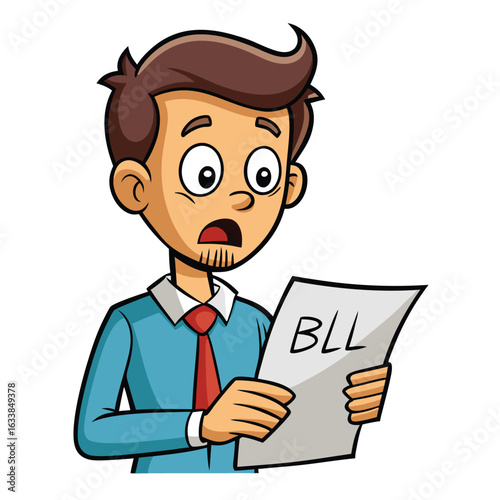 A shocked cartoon man reading a bill with a worried expression, representing financial problems and unexpected expenses.