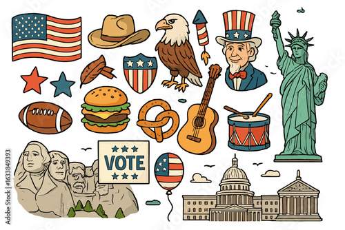 American cultural symbols vector collection. USA patriotic icons set, flag, bald eagle, cowboy hat, Statue of Liberty, Mount Rushmore, Capitol, vote, Uncle Sam, football, burger. Cartoon illustration