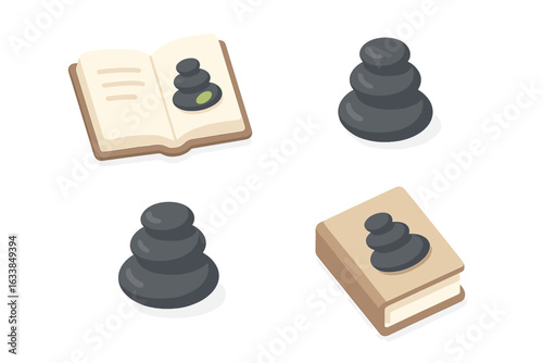 Zen self-care icons set. Isometric collection of wellness books, open book with spa stones, meditation stacked stones, relaxation literature, mental health, mindfulness, balance, vector illustration.