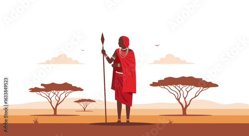 Brave Maasai Warrior Standing Proudly In The African Savanna Landscape