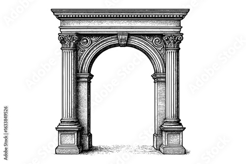 Classical Roman Archway Illustration, Engraved Antique Architectural Monument, Detailed Corinthian Columns, Vintage Stone Arch Drawing, Historic Landmark, Transparent Vector Artwork