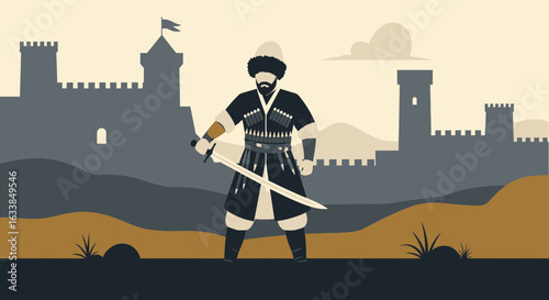 Brave Medieval Knight With Sword Near Castle On Silhouette Background