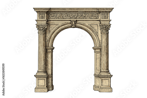 Ornate Classical Arch Illustration, Antique Engraved Stone Architecture, Historical Monument Gateway, Vintage Renaissance Masonry Archway, Hand Drawn Vector on Transparent Background