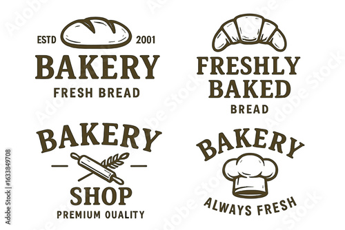Vintage bakery logos set vector illustration. Four retro style bakery emblems. Fresh bread, pastry, croissant, chef hat, rolling pin. Artisan shop branding. Classic baking label design.