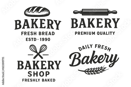 Retro Bakery Logo Set of 4 Vintage Bread and Baking Icons Vector Illustration on Transparent Background with Whisk, Rolling Pin, Wheat and Fresh Bread Designs