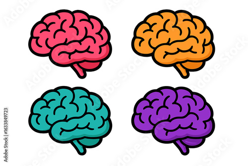 Colorful cartoon human brain set vector illustration. Four cartoon brain icon collection in pink, orange, teal, purple. Neuroscience, psychology, mental health, intelligence, mind, cognition concept.