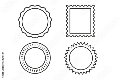 Vector set of 4 postal stamps, rubber seals, certification badges, award frames, wavy and zigzag borders, blank template icons for mail, post, award, certificate, retro vintage style