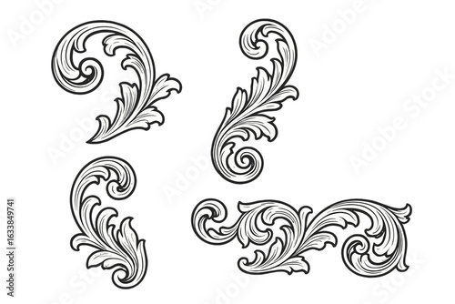 Ornate Baroque Scroll Design Elements Vector Set. Vintage Flourish Decorative Swirl Ornaments. Classic Rococo Acanthus Leaves for Frames, Borders, Invitations, Engraving, Tattoo, and Pattern