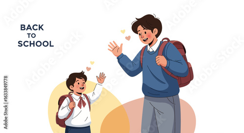 Brother Going To School Together And Waving Goodbye With Heart Symbols