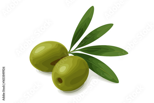 Realistic green olives with leaves vector illustration isolated on white background. Fresh Mediterranean olive branch food ingredient, healthy snack, agricultural harvest, natural product concept.