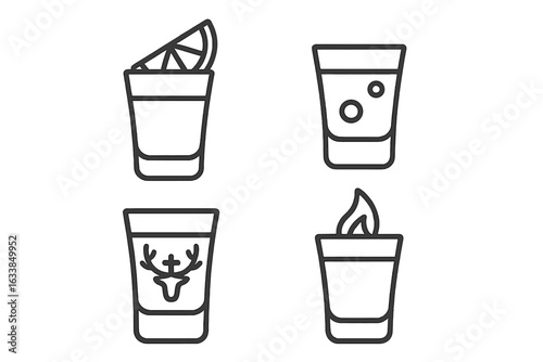 Outline Icon Set of Cocktail and Liquor Shot Glasses. Tequila Shot with Lime, Vodka Bubbles, Jägermeister Deer, Flaming Sambuca. Vector Beverage Set for Bar Menu, Party Drink Illustration