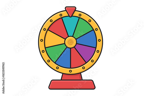 Colorful spinning fortune wheel game vector, lottery prize spin winner, lucky draw raffle wheel, cartoon style isolated clipart, gambling and casino concept, entertainment event icon illustration