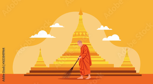 Buddhist Monk Sweeping Temple Grounds, Maintaining Sacred Space with Dedication